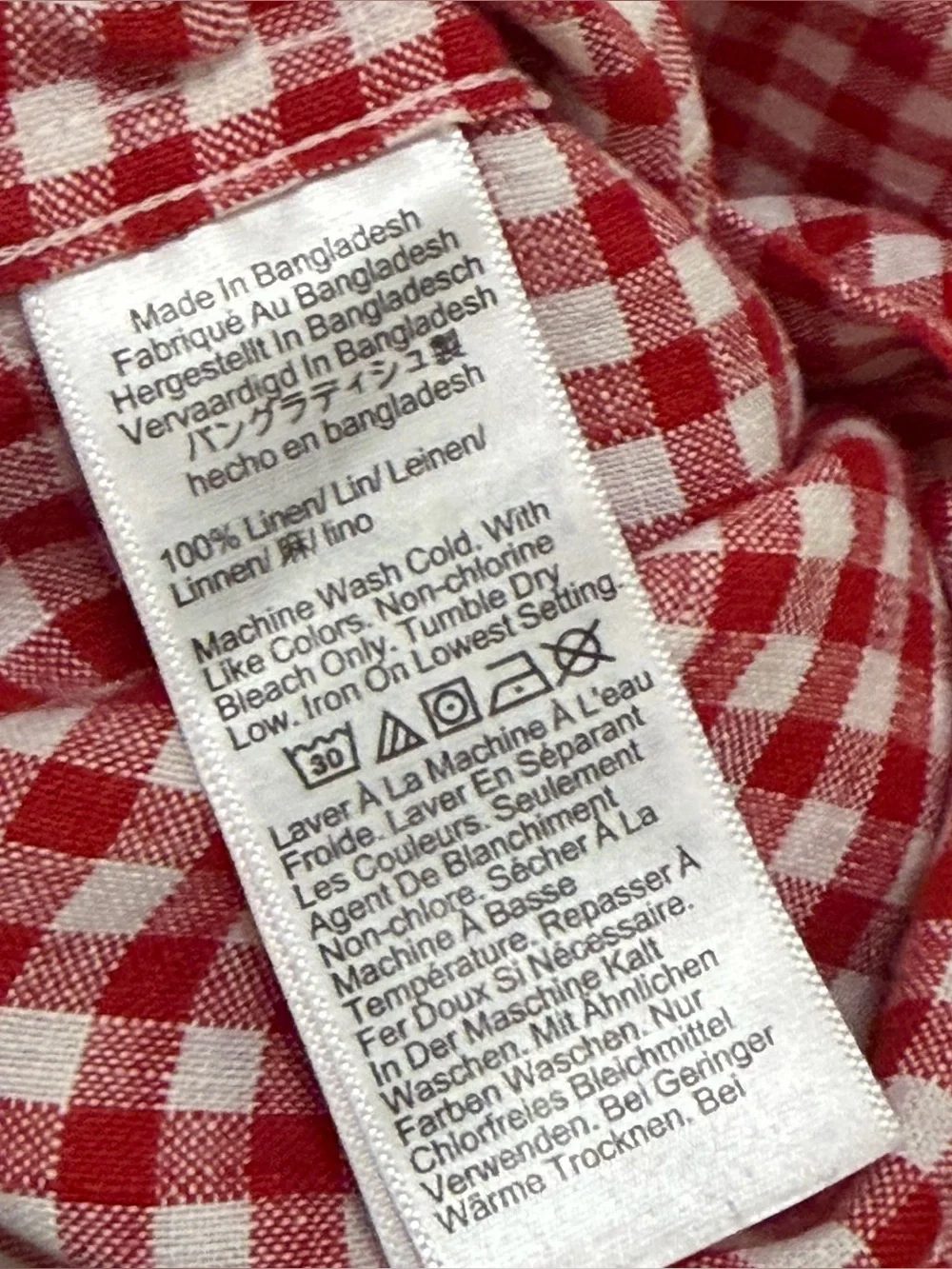 J Crew Men Short-sleeve 100% linen camp-collar shirt in gingham Red White Sz L